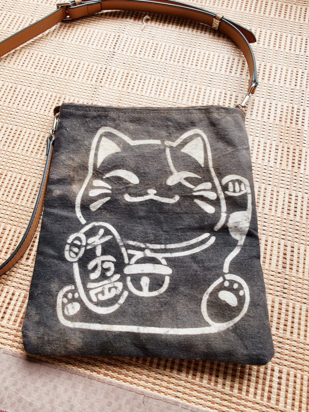 Canvas Lucky Cat Crossbody Bag in Dark Brown - Picture 4 of 9
